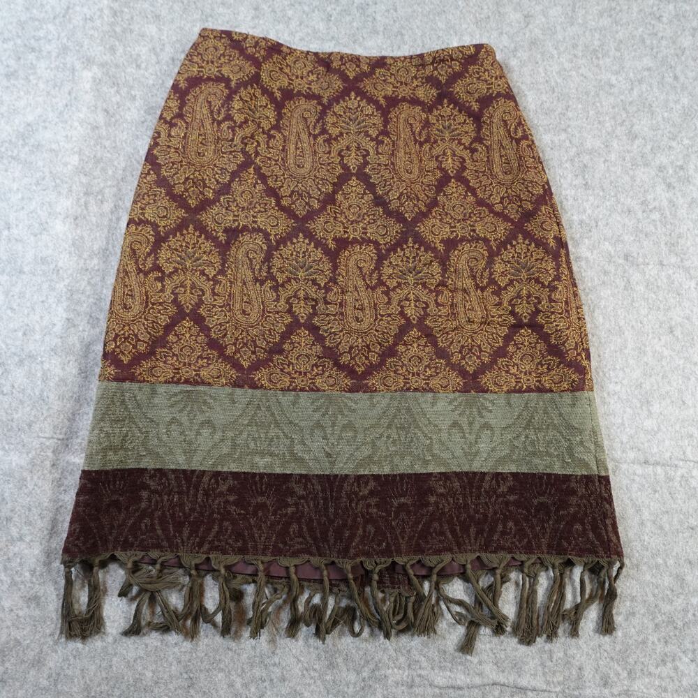J. Jill Burgundy and Gold Paisley Midi Skirt with Fringe